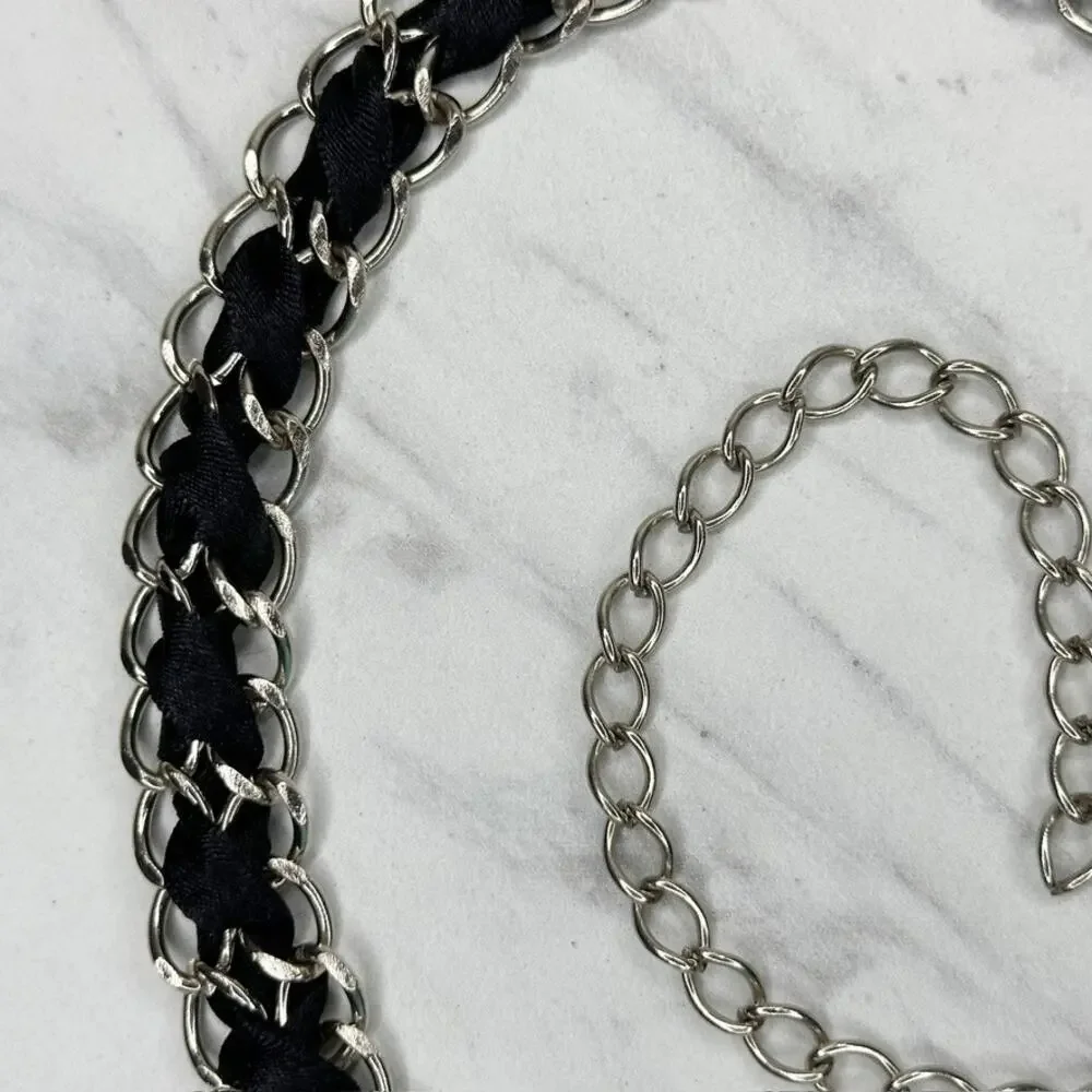 Black Ribbon Woven Silver Tone Chain Link Belt One Size (OS) ✨